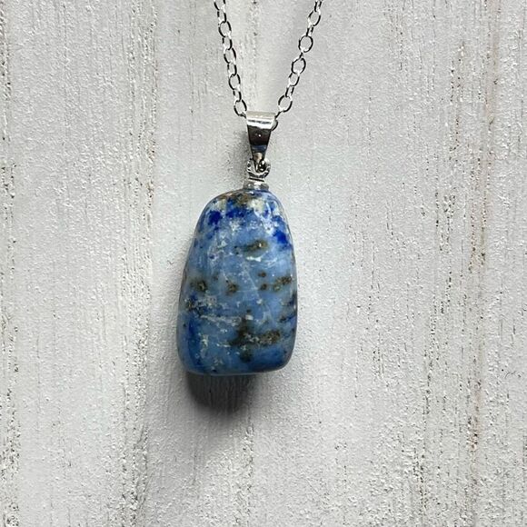 Denim Lapis Lazuli tumble pendant pyrite necklace silver plated blue gold - Picture 4 of 9